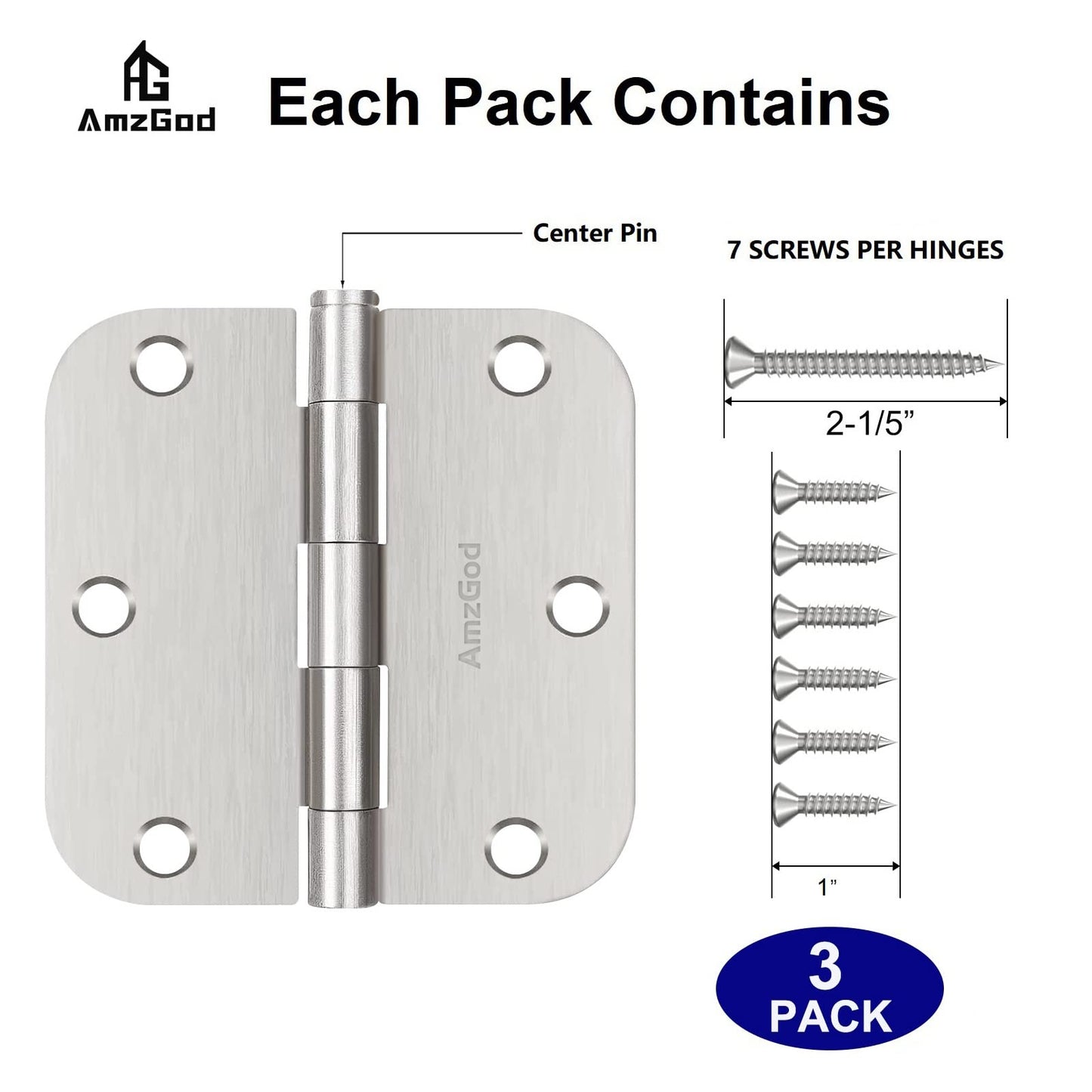 AmzGod Door Hinges Brushed Nickel - 3 Pack Satin Nickel 3.5 Inch Rounded Interior Door Hinges with 5/8" Radius - Flat Iron Residential Standard 3 1/2 Inches Silver Door Hardware