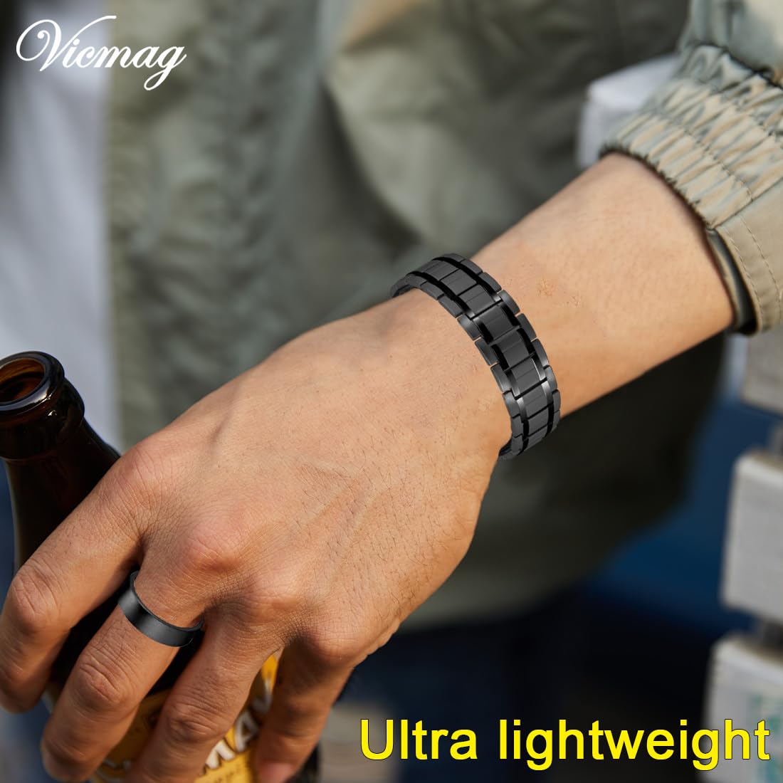 Vicmag 3X Magnetic Bracelet for Men Pure Titanium Bracelet 3500 Gauss Ultra Strength Magnets Adjustable Wristband with Adjustment Tool & Gift Box (Pure Titanium Black)