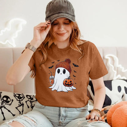Halloween Shirts for Women Cute Ghost Shirt Fall Pumpkin Tshirt Coffee Lover Graphic Tees Casual Short Sleeve Tops