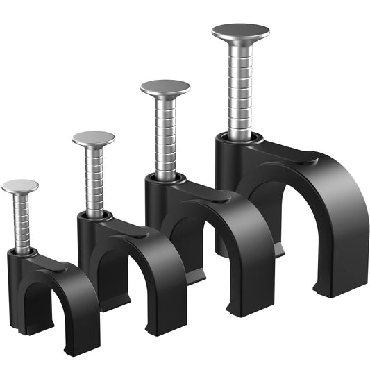 400pcs Black Cable Clips 4/6/8/10mm Cable Wire Clips Nail in Cable Clips Cable Tacks Coaxial Nail Clamps Cable Nails for Cords Cable Management RG6 RG59 CAT6 RJ45 Ethernet Cable Clips Coax Clamps