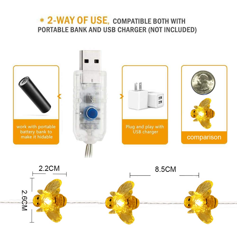 WSgift Honeybee Decorative String Lights 18.7 Ft 40 LED USB Interface Copper Wire Bee Fairy Lights for Various Decoration Projects (Warm White Remote Control with Timer)
