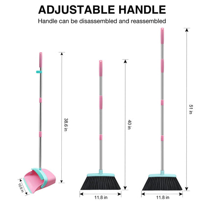 Broom and Dustpan Set, 52-in Long Adjustable Handle Broom Dustpan Combo with Dust pan Teeth to Automatically Clean Hair Suitable for Home Kitchen Office Hall Floor (Pink&Blue), 2 Pack