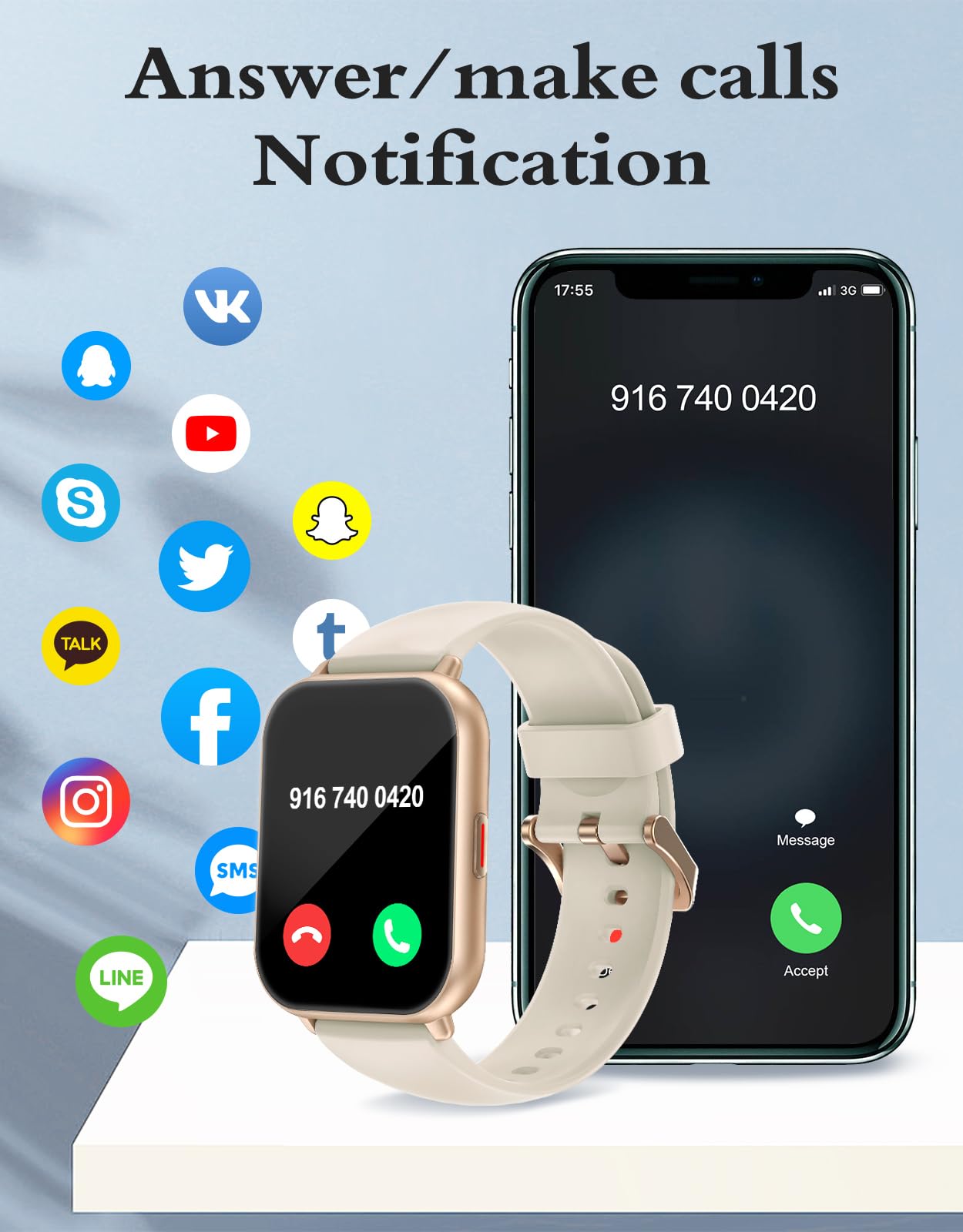 RUIMEN Smart Watches for Women Men (Answer/Make Calls, 2 Bands Included), 1.8" Smartwatch for iOS/Android Phones, Fitness Tracker Heart Rate/Sleep Monitor Digital Watch Waterproof Milky White