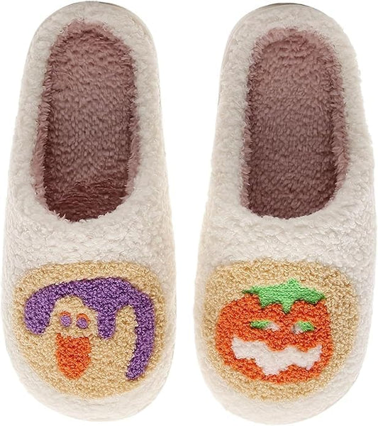 Halloween Slippers Womens Mens Retro Cozy Fluffy Plush Embroidered printing Warm Memory Foam Plush Warm Spooky Lantern Slippers Closed Toe House Bedroom Shoes Cookie Pumpkin39-40
