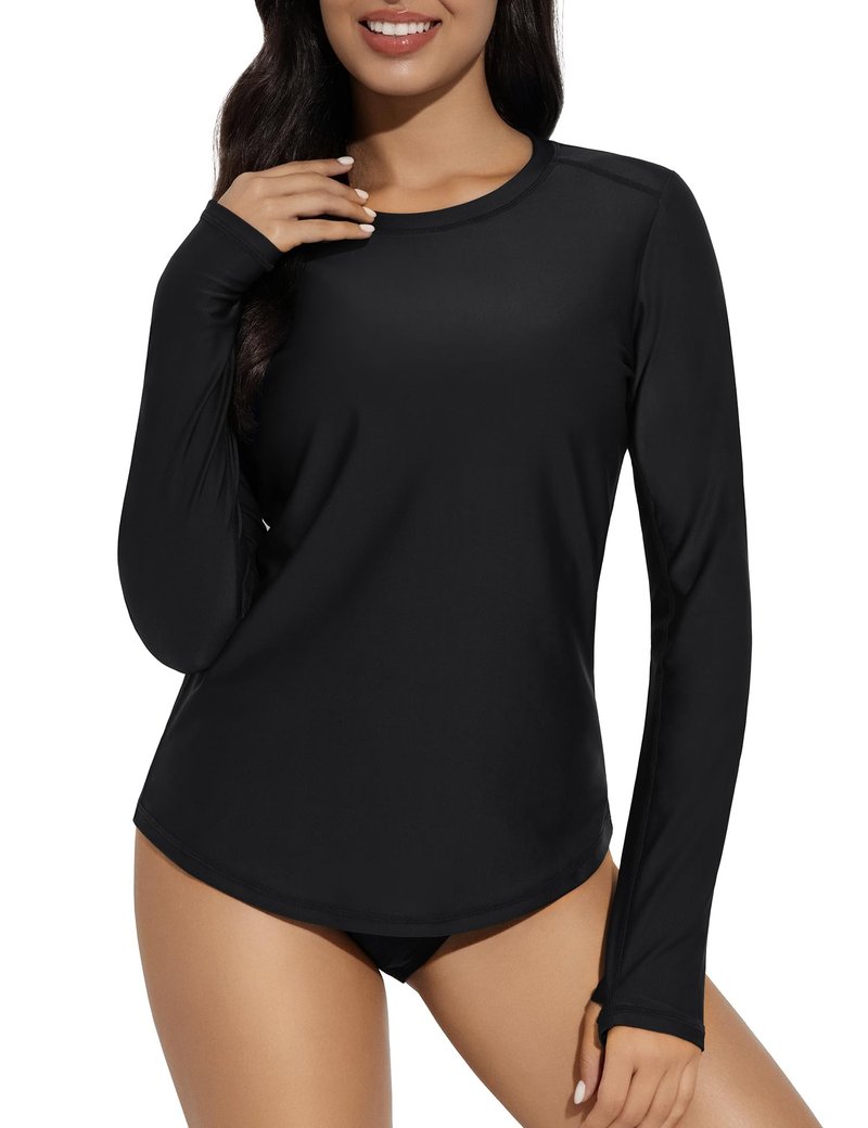 Bonneuitbebe Womens Long Sleeve Rash Guard Black Hiking Tops UV Sun Protection Quick Dry Only Swim Tee