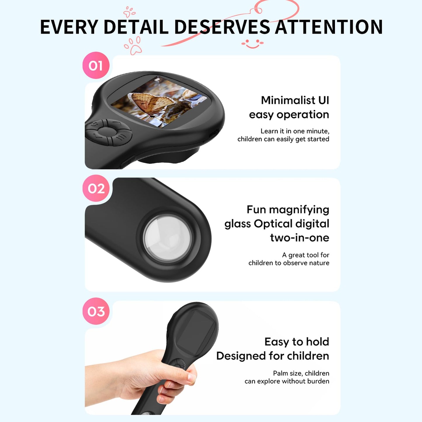 Ashfly Magnifying Glass - Mini LED Pocket Microscope for Kids(5-10 Years) - Educational Science Kit Durable Design - Ideal Gift for Girls (Black)
