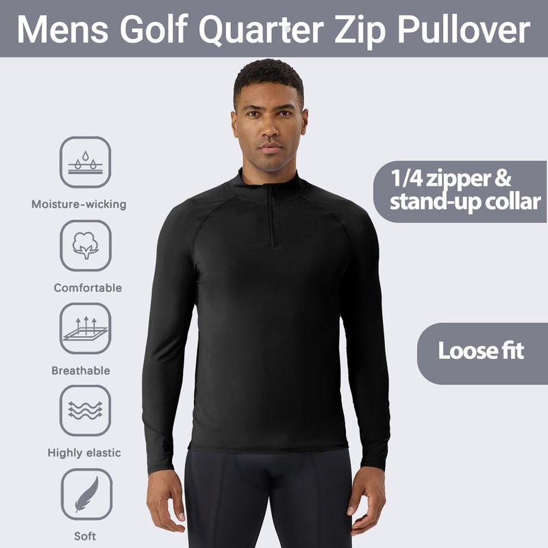 YEL Men's Long Sleeve Athletic Shirt 1/4 Pullover Zip Sun Protection Rash Guard UPF 50+ Golf Fishing Running T-Shirts Black