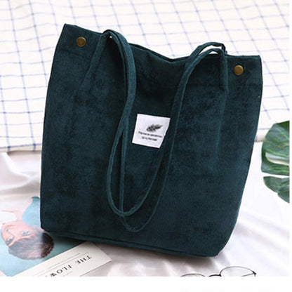 Funtlend Cord Bag Womens Large Corduroy Tote Bag Women Shoulder Handbags for School Shopping Work College Casual (Green)