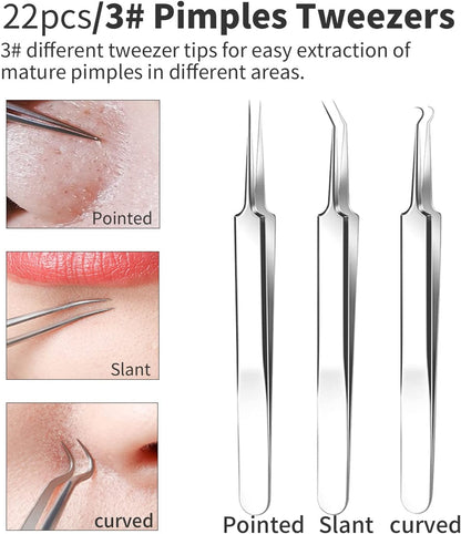 2025 Professional Pimple Popper Tool Kit - 22 PCS Blackhead Remover Tools for Acne and Zit Popping Comedone Extractor with Magnifying Glass
