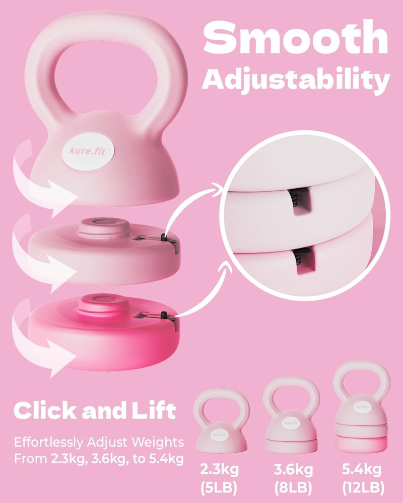 kure.fit Adjustable Kettlebell | 5 lb - 12 lb | Kettlebell Weights Set for Home Gym | Full-Body Workouts, Strength Training, Weight Loss | Fabric Booty Band | Beginners & Women | Pink