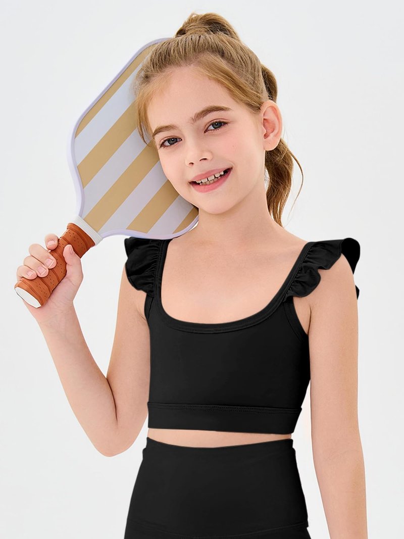 Haloumoning Girls Training Bra Kids Cute Ruffle Sports Bra Workout Yoga Bra Comfort Dance Crop Top Black