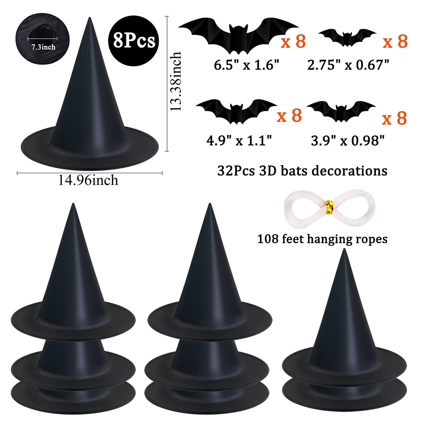 Tepoobea Halloween Decorations Black Witch Hats, 8 Pack Hanging Witches Hats & 32Pcs 3D Bats Halloween Decorations Outdoor Indoor