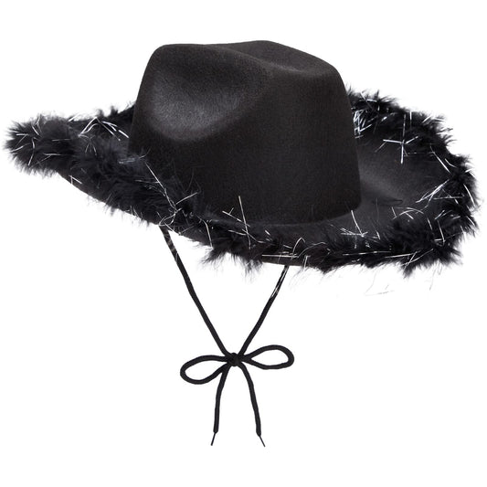 Juvolicious Black Cowgirl Hat - Medium Adjustable - Sparkly Feathered Costume Cowboy Hat for Women & Men - Western Party Accessory