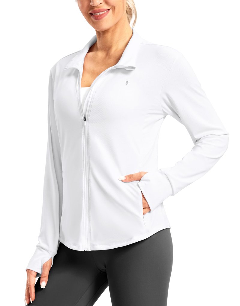 Soothfeel Women's UPF 50+ Lightweight Athletic Jackets Sun Protection Zip Up Long Sleeve Shirts Hiking Workout Outdoor Pocket, White, XS
