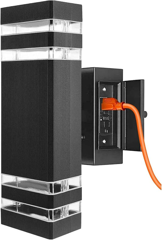 Outdoor Wall Lights with GFCI Outlet, LED Square Modern Porch Light Fixtures, Black Exterior Up and Down Lights Wall Mount Front Lights for Garage Garden Balcony