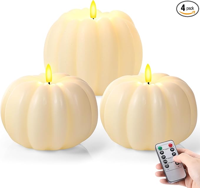 Retisee 3 Pcs Flameless Thanksgiving LED Candle Fall Light up Pumpkin Flameless Candles with Timer Remote Control, 4" 6" h Autumn Farmhouse Rustic Harvest Decor for Home Party(Ivory)