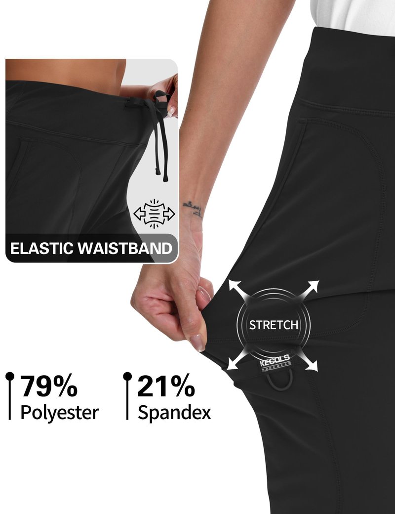 Kecols Women Yoga Scrub Pants Straight Mid Rise Elastic Waist Cargo Work Pants with Five Pocket 4-Way Stretch Black
