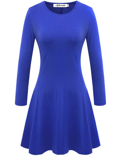 Aphratti Women's Long Sleeve Fall Dresses Casual Basic Crew Neck A-Line Fit and Flare Skater Dress X-Large Blue