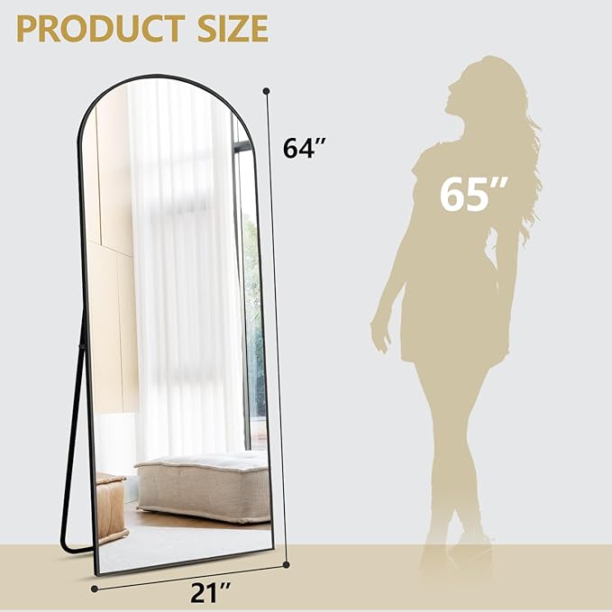 Arched Floor Mirror, 64 "x 21" Full Length Mirror Wall Mirrors Hanging or Leaning Arched-Top Full Body Mirrors with Stand for Bedroom, Dressing Room, Black