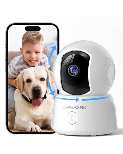 GOLSPARK Indoor Security Camera 2K, Pet Camera for Home Security, Dog Cam Pan/Tilt, Motion Tracking, 2-Way Audio, Night Vision Baby Monitor, Siren Alert, 24/7 Cloud &SD Card Storage, 2.4GHz