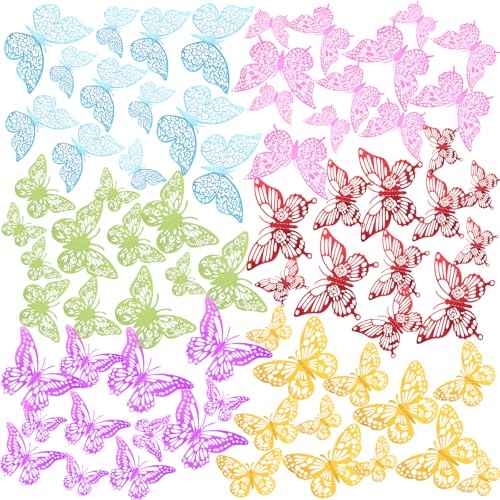 72 Pcs 3D Colorful Butterfly Wall Decor 4 Styles 3 Sizes Butterfly Decorations Crafts Removable Wall Stickers for Birthday Room Bedroom Decor Wedding Cake Tea Party Halloween Decorations