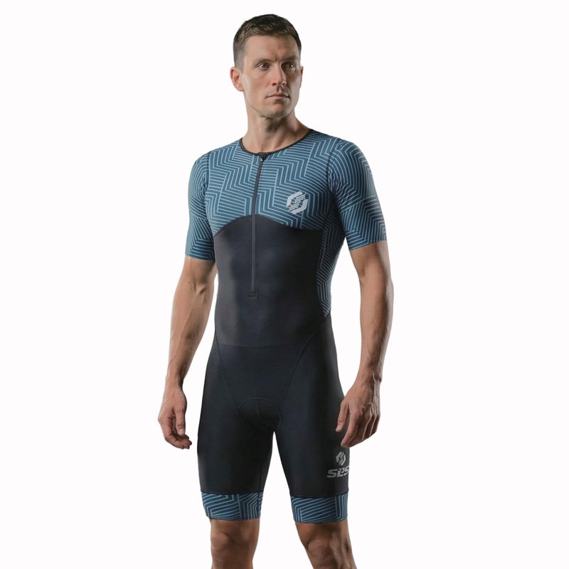 SLS3 Triathlon Suits Mens - Aerodynamic Sleeved Tri Suit Men – Lightweight Trisuit with Premium FX Fabrics - 2 Pockets (Carbon Teal, Small)