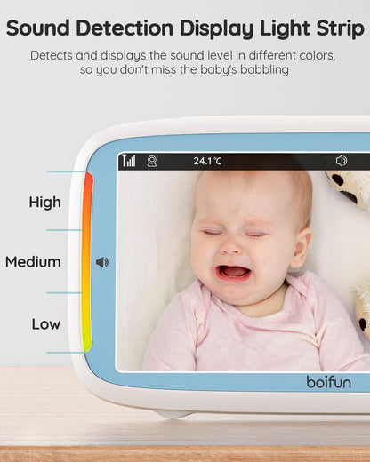 BOIFUN Video Baby Monitor with 2 Cameras, 5-inch 720P IPS Screen, Dual 360 Camera, No Wifi, 3050mAh Battery, VOX Mode, Invisible Night Vision, Two-way Audio, Temperature Sensor, Lullabies, Elder,Twins