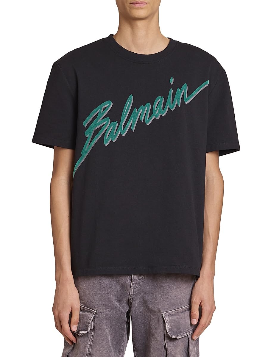 Balmain, Flocked Logo Cotton T-Shirt, Small, Noir Emeraude