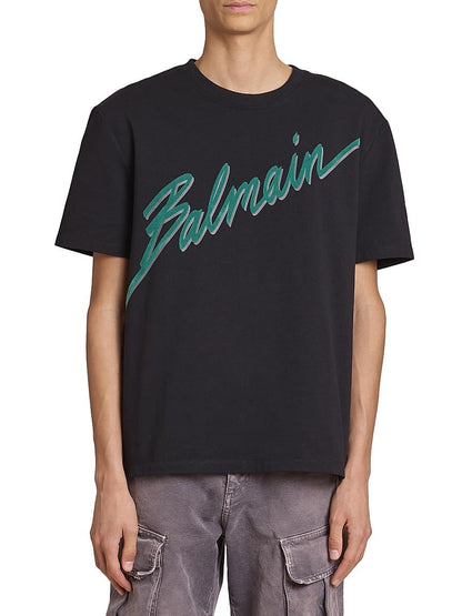 Balmain, Flocked Logo Cotton T-Shirt, Small, Noir Emeraude