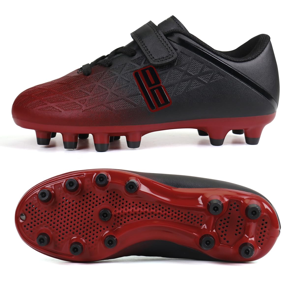 brooman Kids Firm Ground Soccer Cleats Boys Girls Athletic Outdoor Football Shoes (1,Black Red)