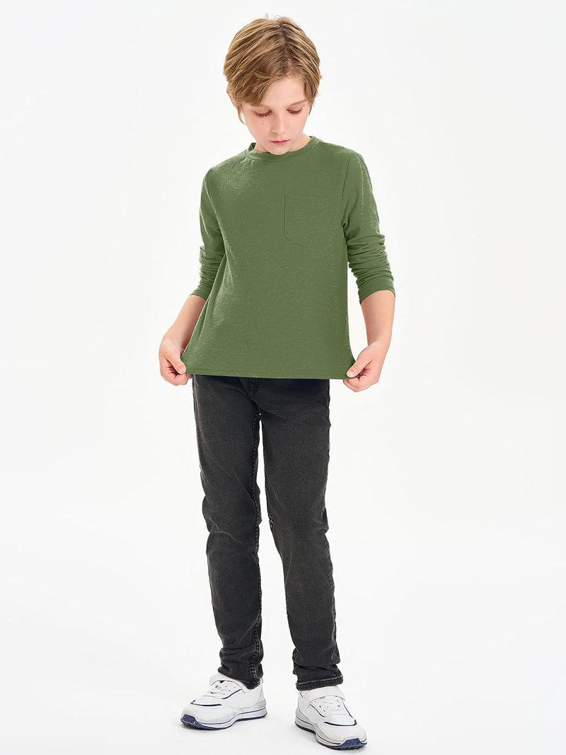 Boys Long Sleeve Crewneck Shirts - Casual Tees with Chest Pocket | Ages 5-14