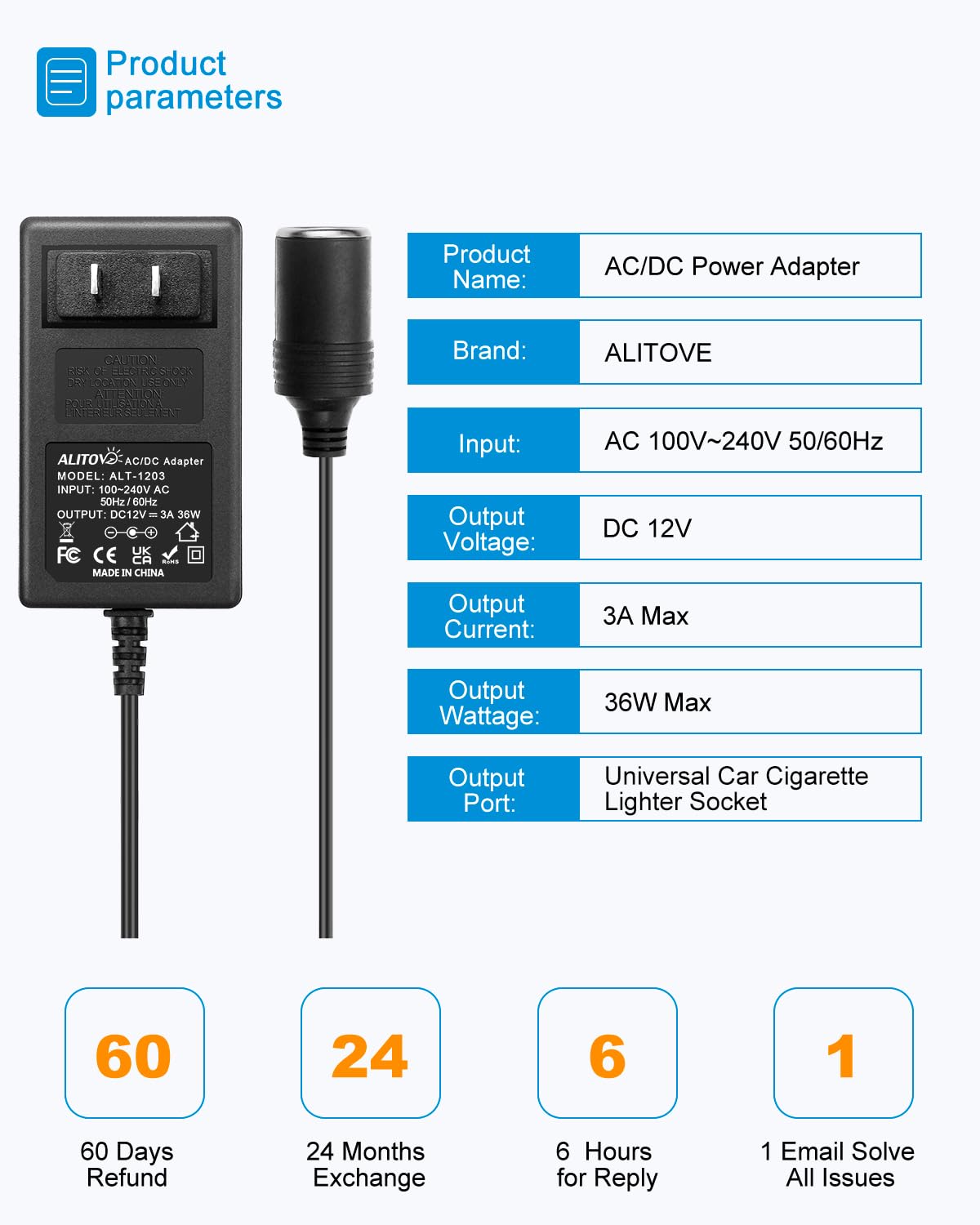ALITOVE AC to DC Converter 110V to 12V Converter 3A Power Supply 36W Max with Car Cigarette Lighter Socket for Car Vacuum Cleaner Car Dash Cam Car MP3/MP4 Car Fan