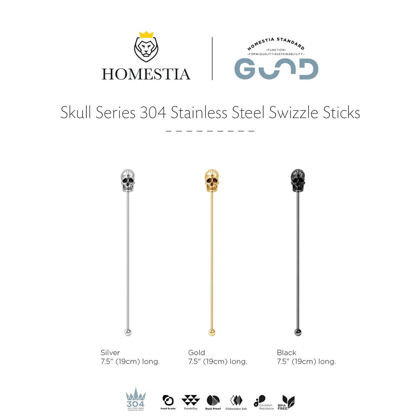 Homestia Coffee Stick Stainless Steel Swizzle Stick Reusable Metal Stir Sticks Cocktail Coffee Drink Stirrer Spoon Beverage Cocktail Stirrers Stir with Skull (7.5'' Long, Set of 6)