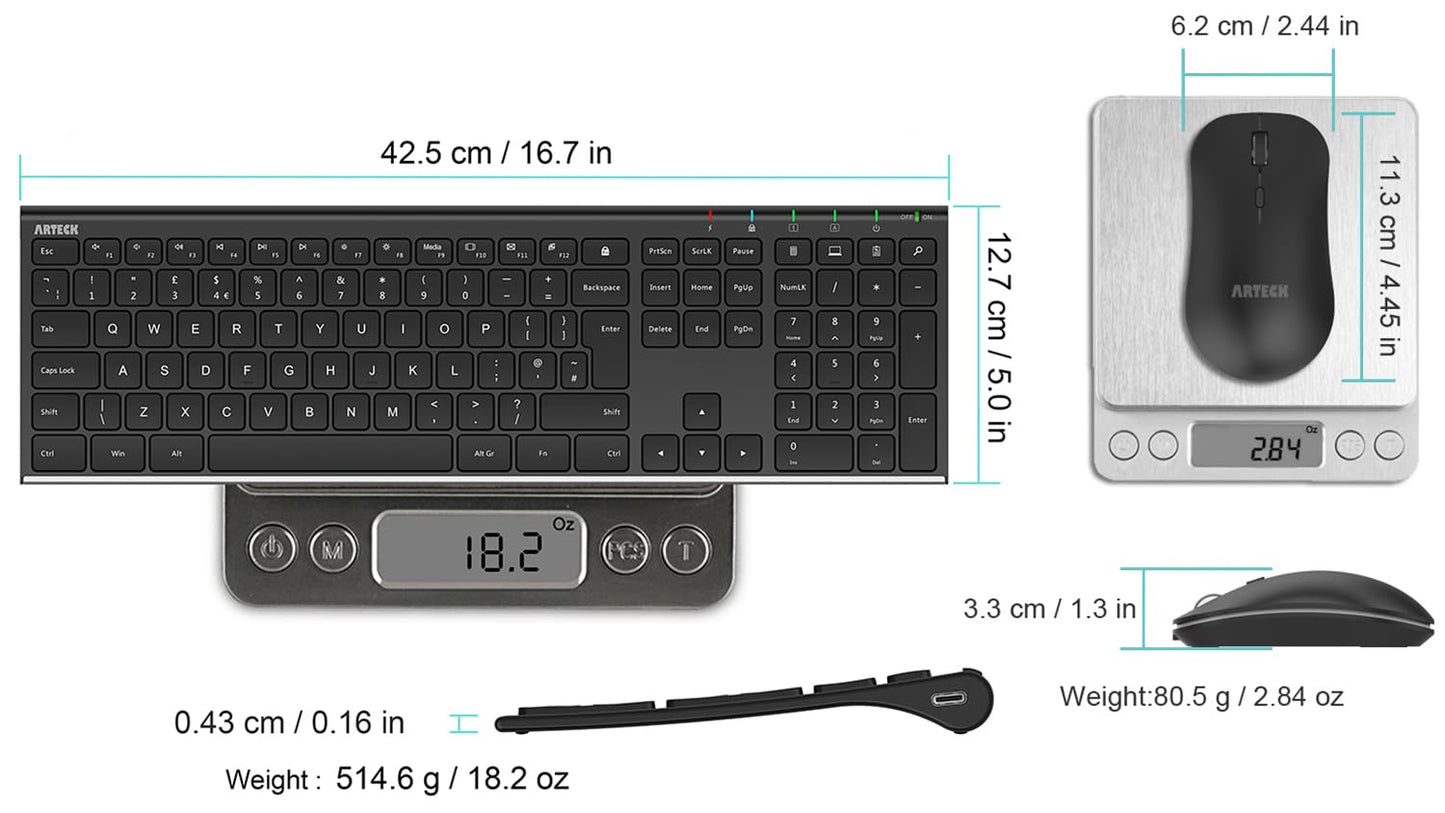 Arteck 2.4G Wireless Keyboard and Mouse Combo Stainless Steel Ultra Slim Full Size Keyboard and Ergonomic Mice for Computer Desktop PC Laptop and Windows 10/8/7 Build in Rechargeable Battery