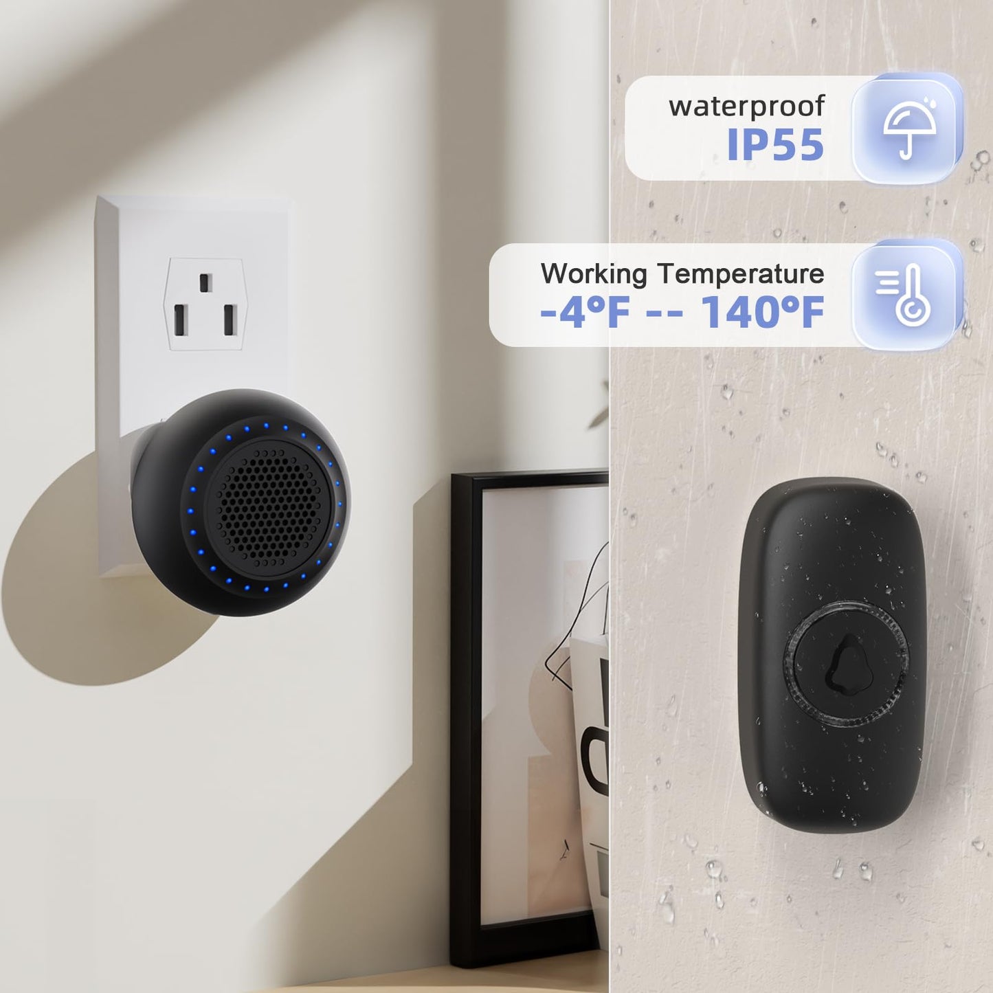 Wireless Doorbell • PHYSEN • Doorbell Chime Kits with 1 Transmitter 1 Receiver • Waterproof • Operating at 1000ft Range • 32 Ringtones • 4 Volume Levels • LED Flash • Door Bell for Home Classroom