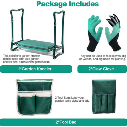 Garden Kneeler and Seat,with 2 Tool Bags Pouches and Claw Gloves,Portable Lightweight Bench Thicken EVA Foam Pad Sturdy Steel Pipe Practical Garden Tools(Green)