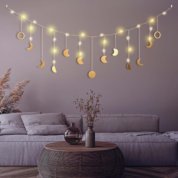 Moon Phase Wall Decor with LED String Light, 13 Gold Wood Boho Wall Hanging Decor Mood Garland 56'' - Celestial Phases Moon Decoration in Bohemian Style for Bedroom Home Living Room Fall Art Gifts