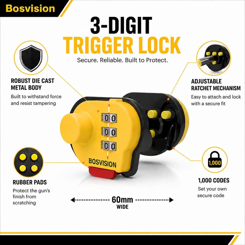 Bosvision 3-Digit Combination Trigger Gun Lock for Pistols, Rifles and shortguns…
