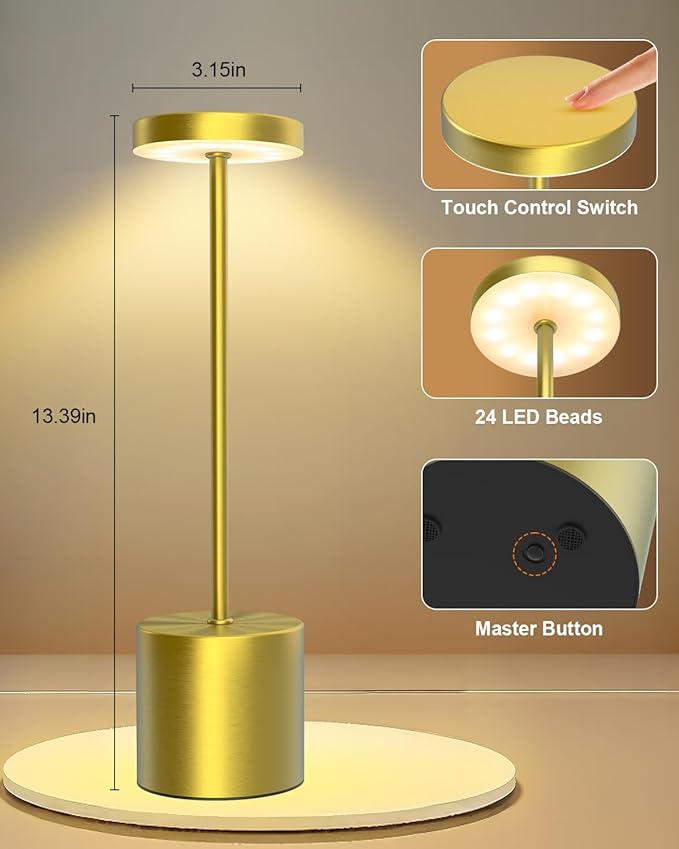 Cordless Table Lamps Rechargeable Set of 2, Portable LED Desk Lamp, 5000mAh Battery Powered Wireless Table Light - 3 Color Dimmable Lighting for Restaurant Dining Patio Outdoor Bedroom(Gold)