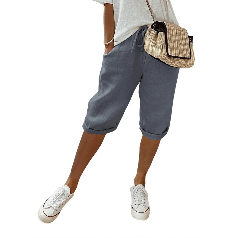 Costaric Womens Cotton Linen Shorts Knee Length Drawstring Elastic Waist Pants 2025 Summer Casual Gym Going Out Shorts with Pockets Grey S