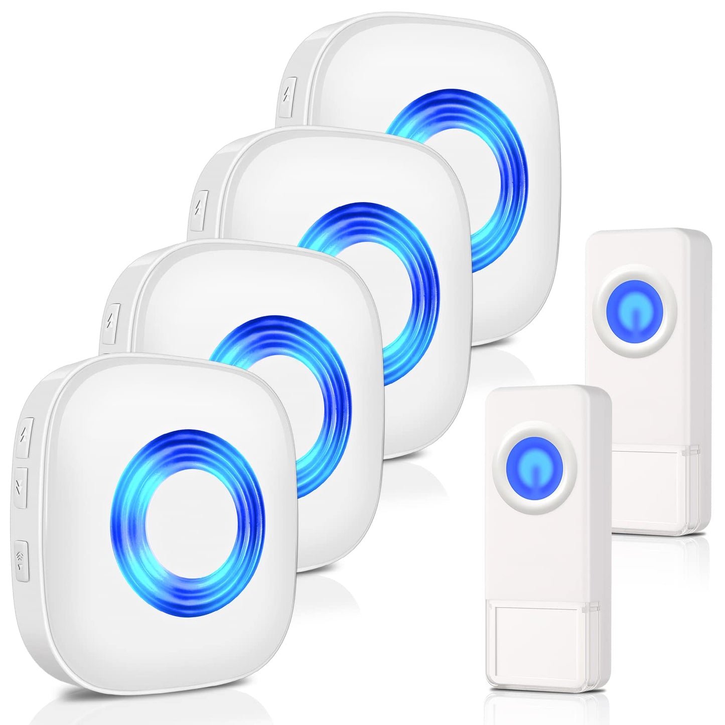 Wireless Doorbell, PHYSEN Waterproof Door bell Chime Kit Operating at 1300-ft Range 58 Adjustable Melodies 5 Volume Levels & LED Flash, Doorbell Alarm for Home/Classroom, 2 Push Buttons+4 Receivers