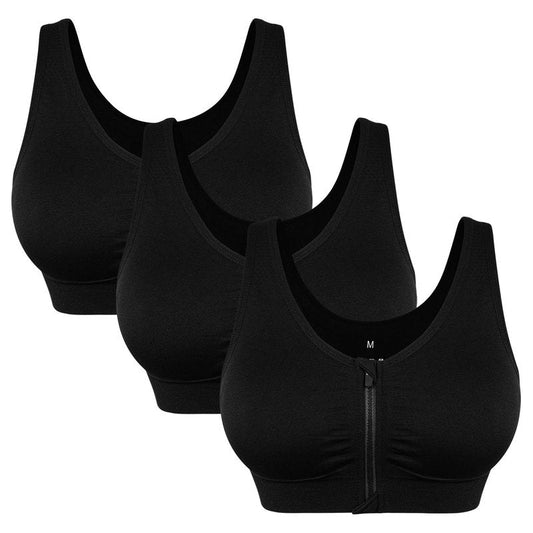 Women's Wireless Padded Sports Bras - Zip Up Racerback Comfortable Post Op Bras 3 Pack