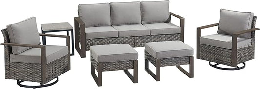 Rilyson Outdoor Wicker Patio Furniture Set - 6 Pieces Patio Conversation Set with 2 Wicker Swivel Rocker Chairs,2 Rattan Ottoman,1 Side Table and 1 Couch,Thick Cushions,Deep Seating(Mixed Grey/Grey)