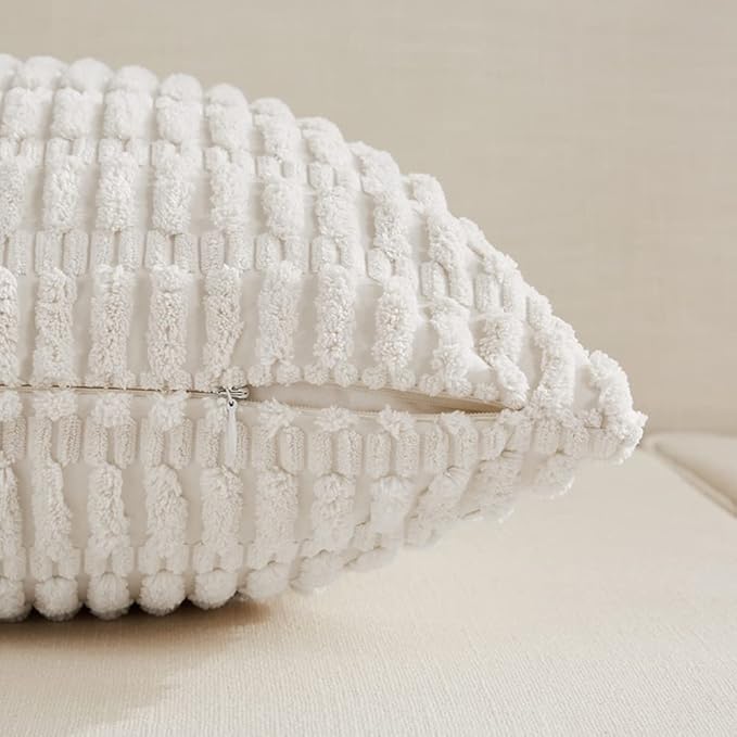 Fancy Homi Pure White Lumbar Decorative Throw Pillow Covers 12x20 Inch for Living Room Couch Bed Sofa, Rustic Farmhouse Boho Home Decor, Soft Striped Corduroy Rectangle Cushion Case 30x50 cm