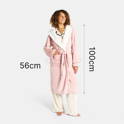 Sienna Hooded Dressing Gowns for Women UK Super Soft Flannel Fleece Sherpa Lined Fluffy Mens Luxurious Comfy Cosy Bathrobe - Blush Pink