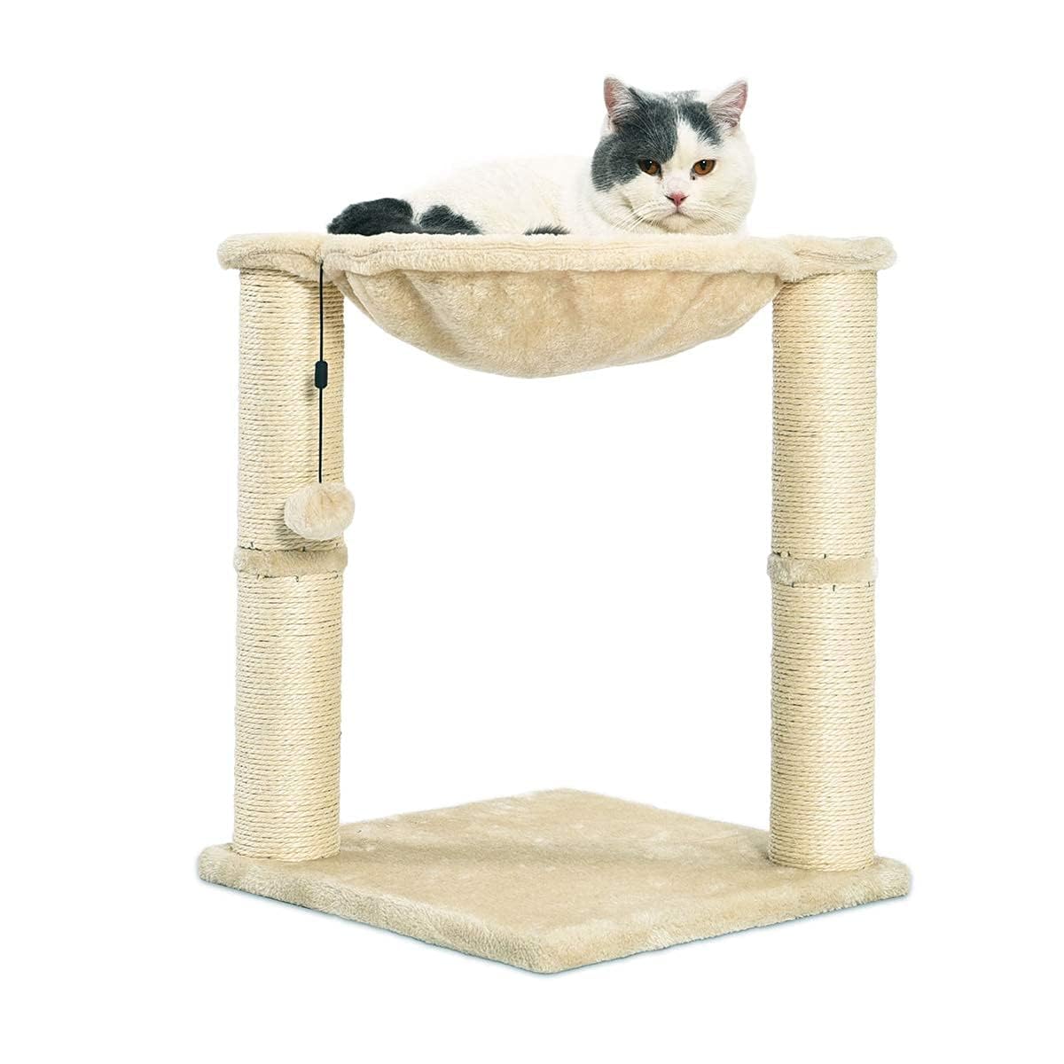 Amazon Basics Cat Condo Tower with Hammock Bed and Scratching Post,Easy to Assemble,Plush Hammock,Interactive Hanging Ball,Durable Sisal Scratch Posts for Indoor Cats, 15.8 x 15.8 x 19.7 Inches, Beige
