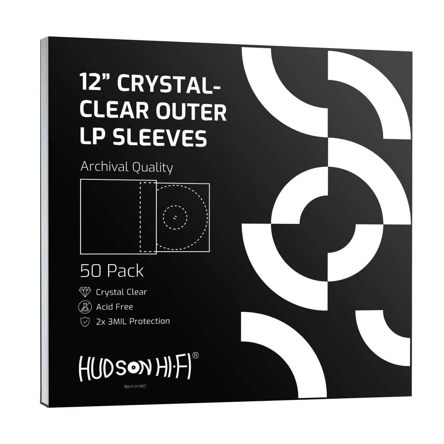 Hudson Hi-Fi Vinyl Record Outer Sleeve Covers - 50 Pack - Premium Crystal Clear Sleeves - Protect Your LP Albums from Scratches, Dirt & Dust - 3 Layers of 30µm Thick No-Acid Exterior Disc Cover