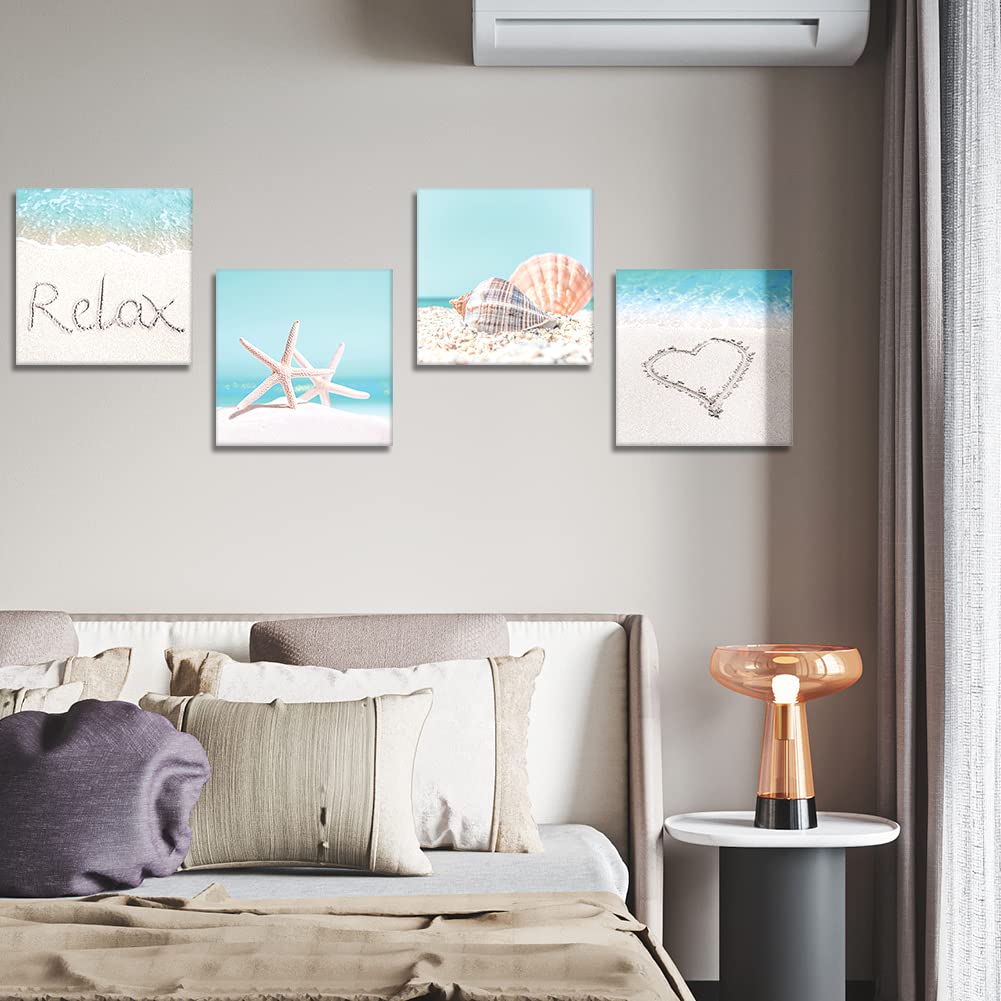 Artscope 4 Pieces Wall Art Canvas Prints - Seashell Starfish and Beach Picture Painting - Modern Wall Artwork Framed for Gifts Bathroom Home Kitchen Office Decor - 30 x 30 CM