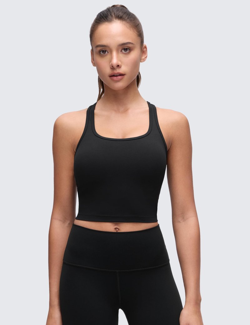 CRZ YOGA Butterluxe Racerback Crop Tank Tops for Women - Padded Y-Back Longline Sports Bras Scoop Neck Workout Yoga Black Medium