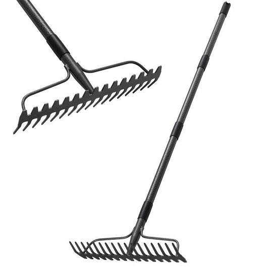 Bow Rake, Detachable Heavy Duty Metal Garden Rake for Loosening Soil, Leveling Lawn, Leaves Cleaning,63 Inch Long Handle Yard Rock Rake for Gardening,17 Prongs Leaf RakeThatch Rake for Lawn